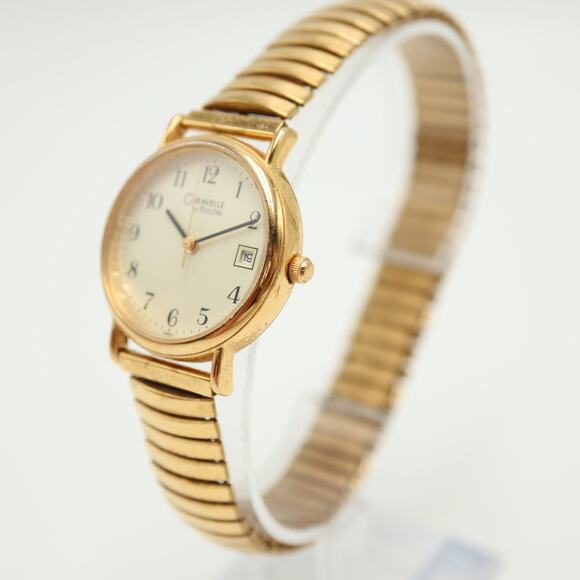 Caravelle by Bulova Gold Tone Watch 27mm Cream Date Expansion Band w New Battery - Picture 10 of 12